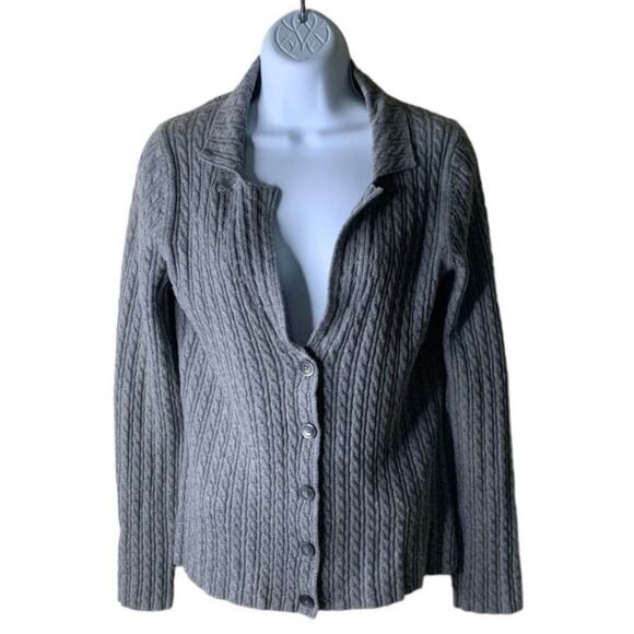 Boden Cable Knit Cardigan Wool Sweater Women Size 8 Long Sleeves Collared Gray - Picture 1 of 9